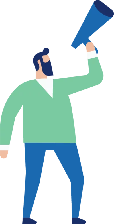 Een cartoon van een man met een megafoon