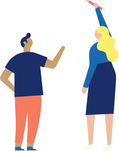 cartoon van een man en een vrouw die iets schrijft