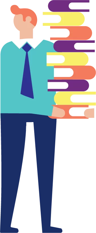 een cartoon van een man in zakelijke kleren die een grote stapel boeken vasthoudt
