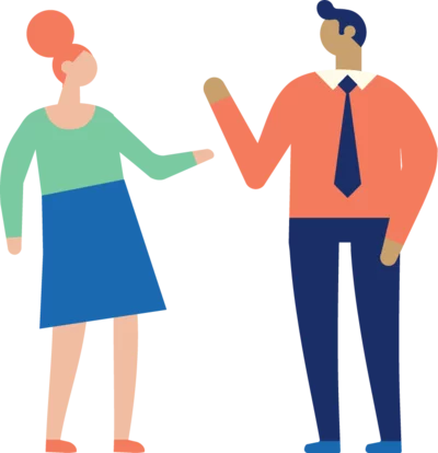 een cartoon van een man en een vrouw in zakelijke kleren die met elkaar praten