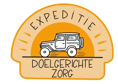 Een oranje logo met een jeep in het midden met de tekst "expeditie doelgerichte zorg" 